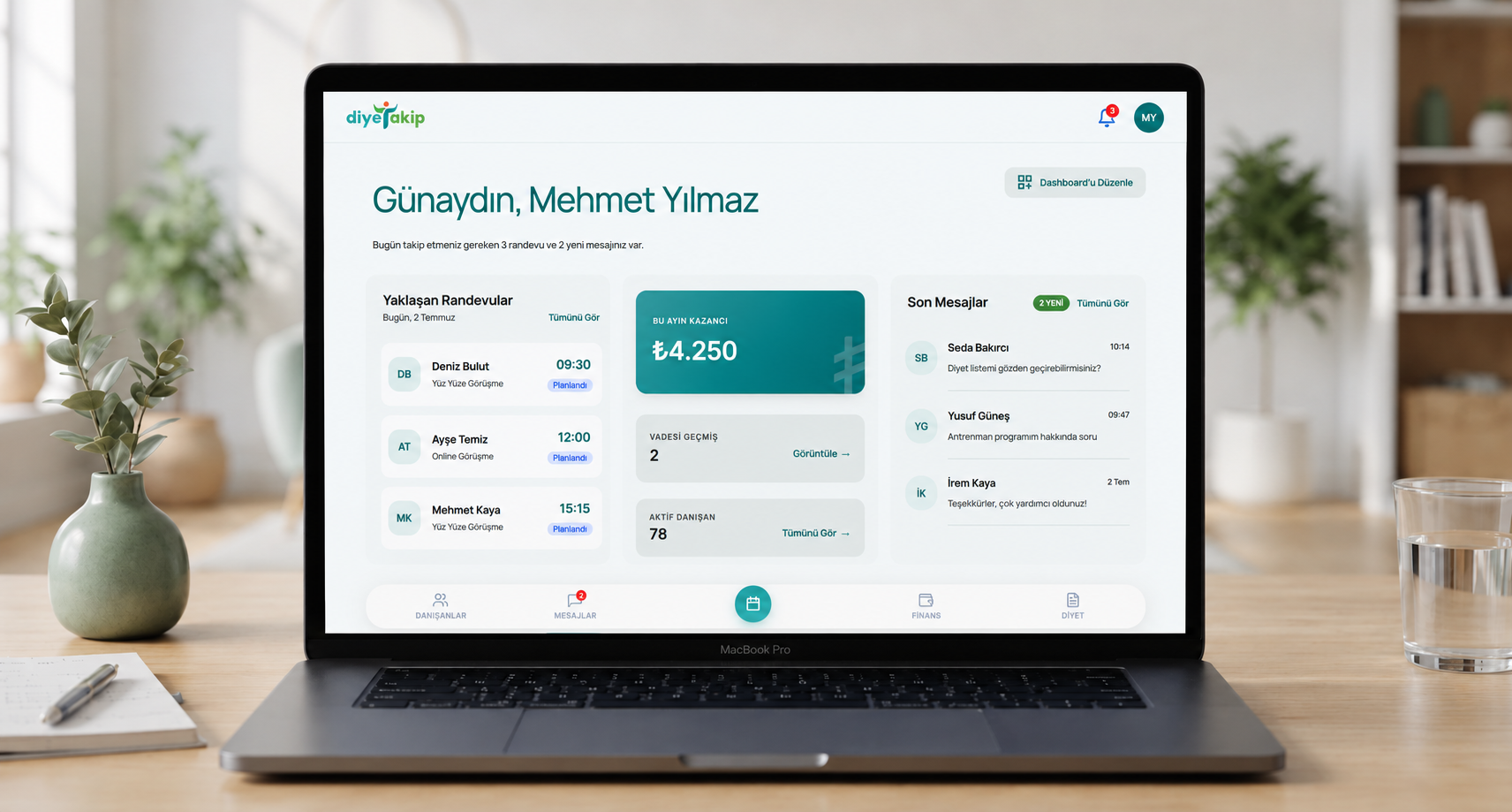 Diyetisyenler için modern dashboard arayüzü: randevu takvimi ve danışan ilerleme grafikleri